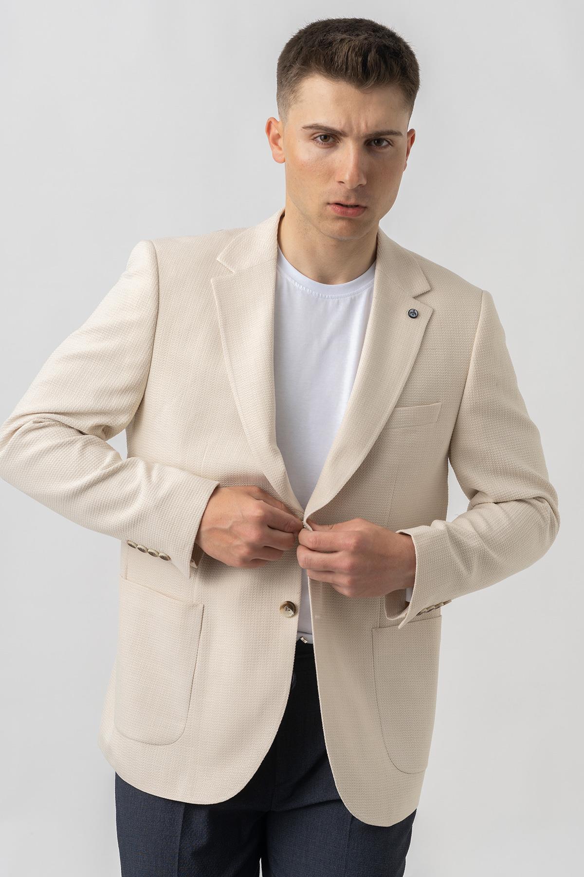 White Stone Aarburg C4003 Regular Fit Likralı 6 Drop Gofre Ceket Desenli