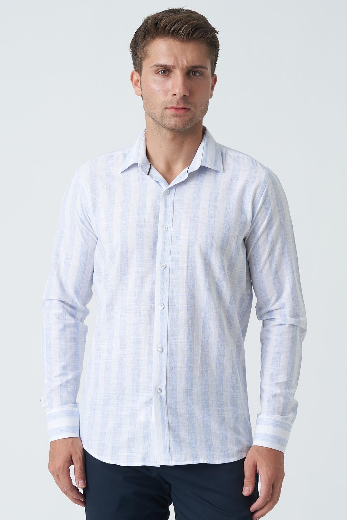 White Stone Armagh Slim Fit G2002 Pamuklu Keten Gömlek Mavi