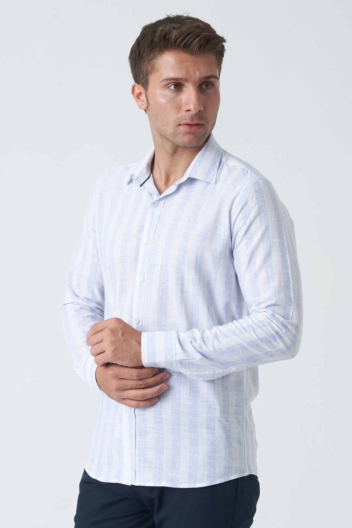 White Stone Armagh Slim Fit G2002 Pamuklu Keten Gömlek Mavi