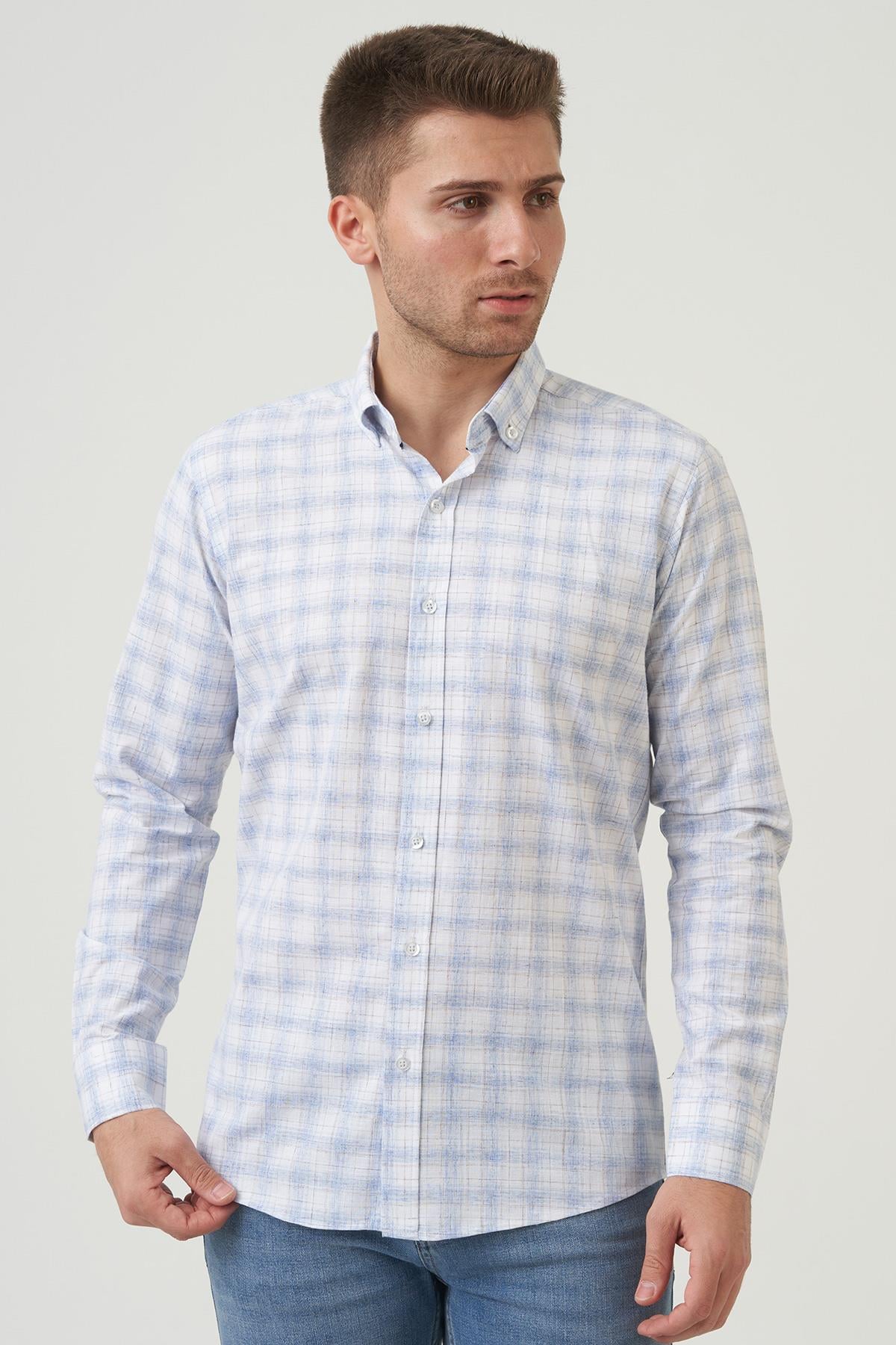 White Stone Cessnock Regular Fit g2004 Pamuklu Keten Gömlek Mavi