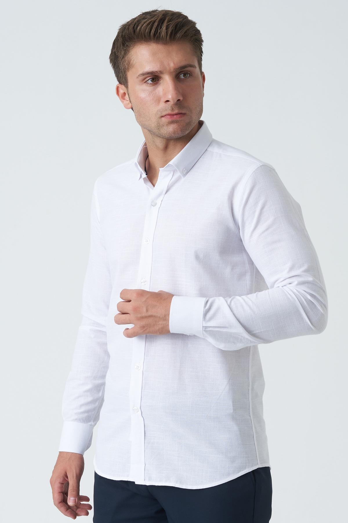 White Stone Bangor G2008 Slim Fit Flam Keten Pamuklu Gömlek Beyaz