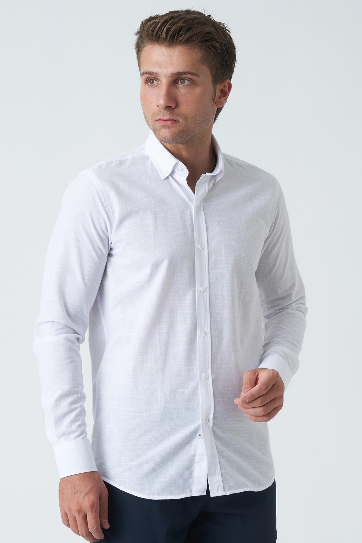 White Stone Bangor G2008 Slim Fit Flam Keten Pamuklu Gömlek Beyaz