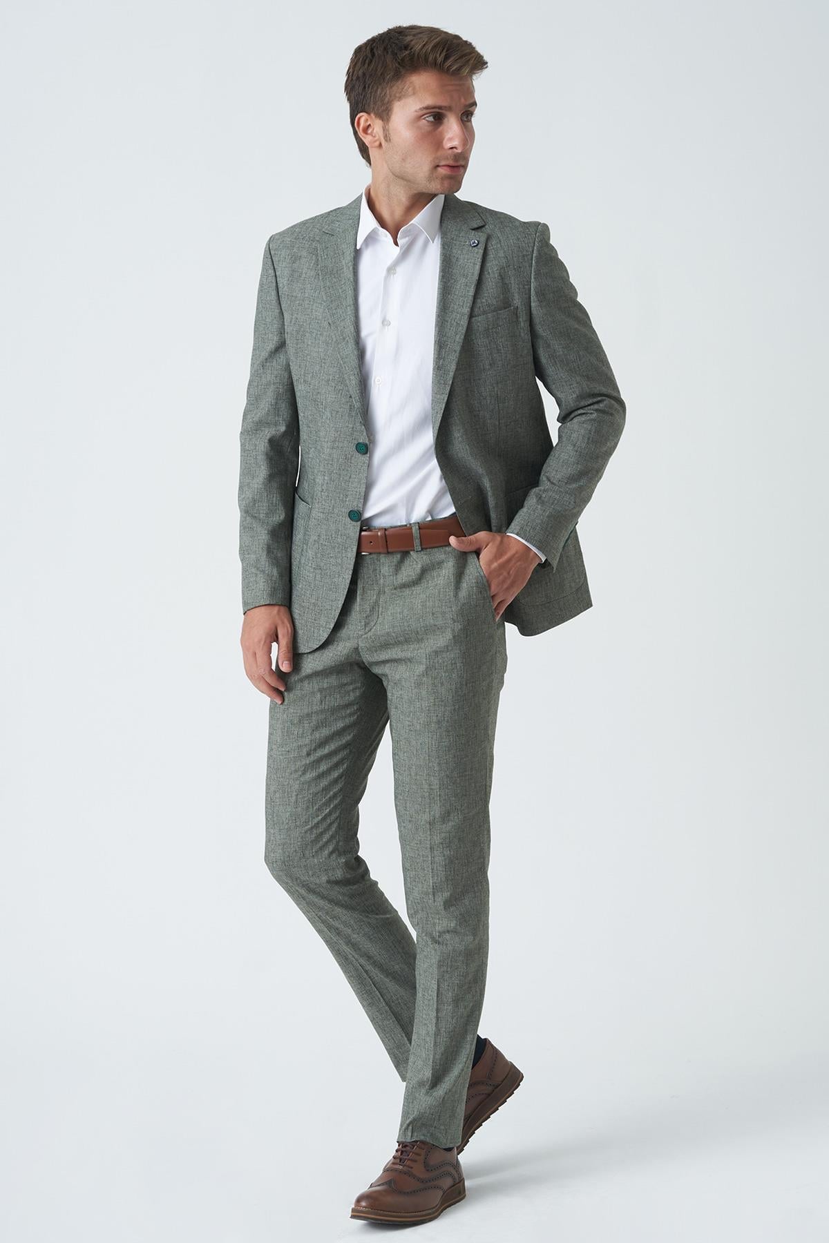 Yeşil Slim Fit Keten Kumaşlı Likralı Takım Elbise