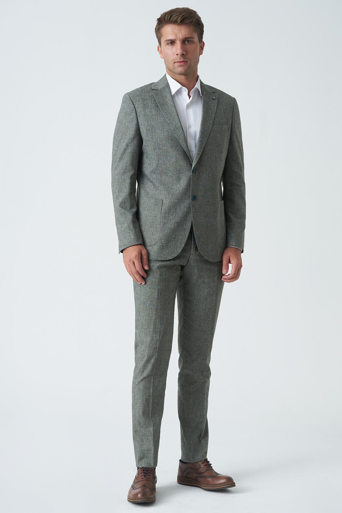 Yeşil Slim Fit Keten Kumaşlı Likralı Takım Elbise