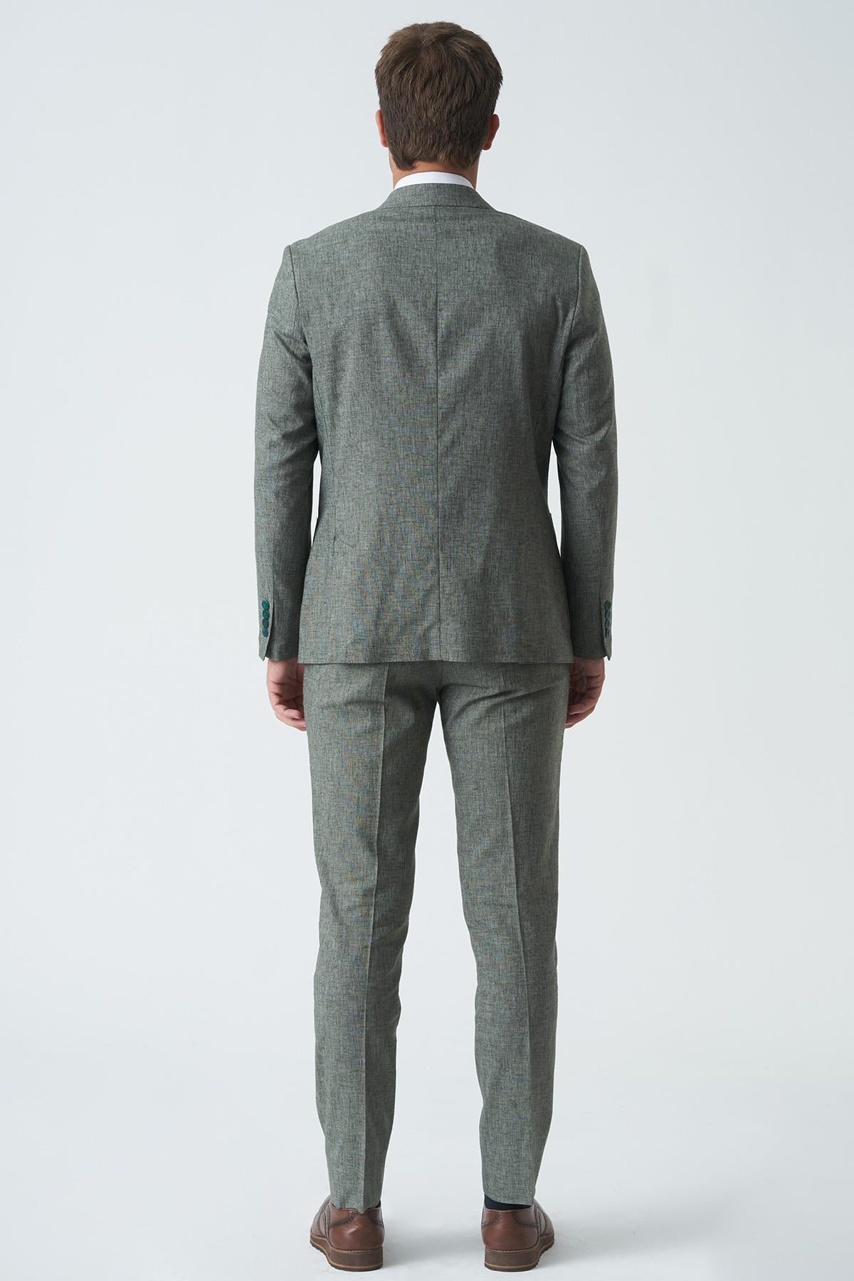 Yeşil Slim Fit Keten Kumaşlı Likralı Takım Elbise