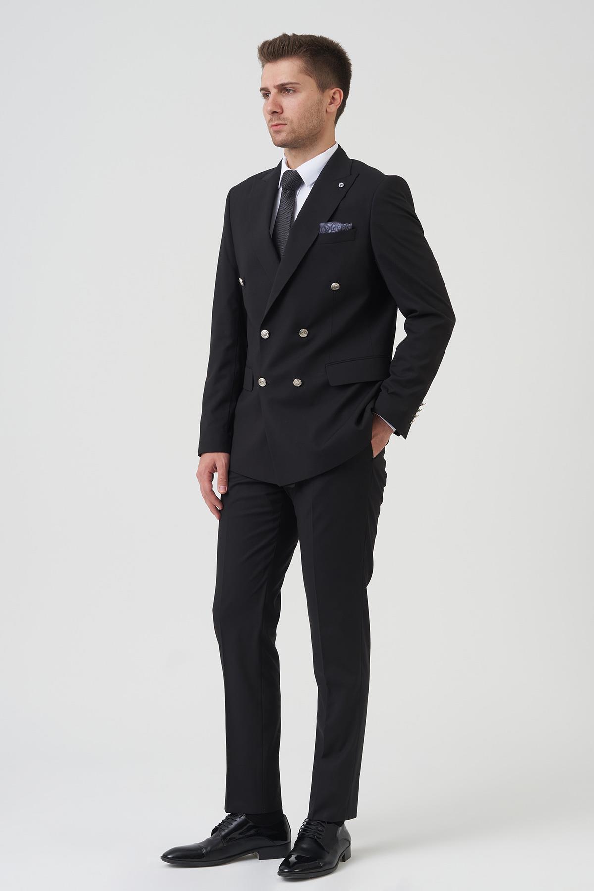 Siyah Slim Fit Kalıp Kruvaze Kapaklı Cepli Klasik Premium Takım Elbise