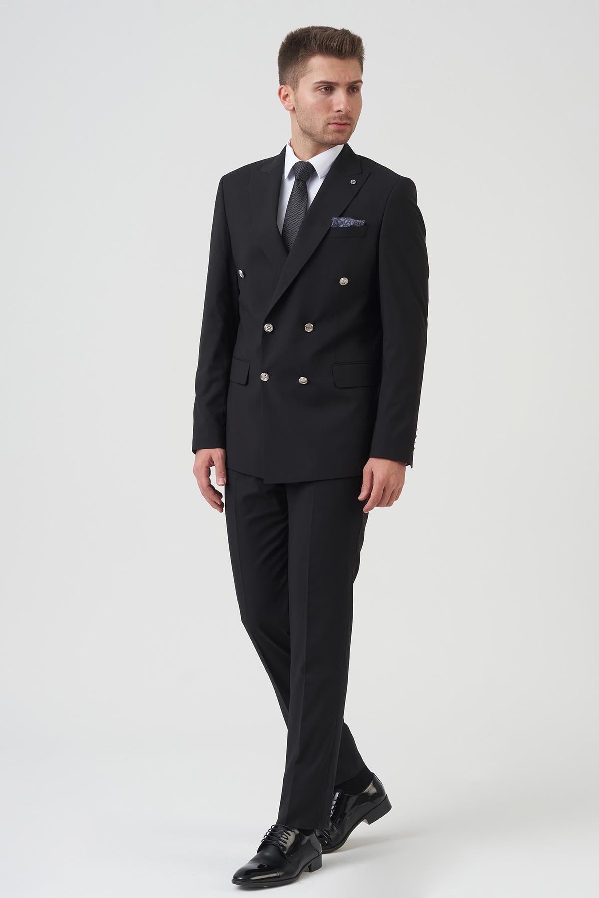 Siyah Slim Fit Kalıp Kruvaze Kapaklı Cepli Klasik Premium Takım Elbise
