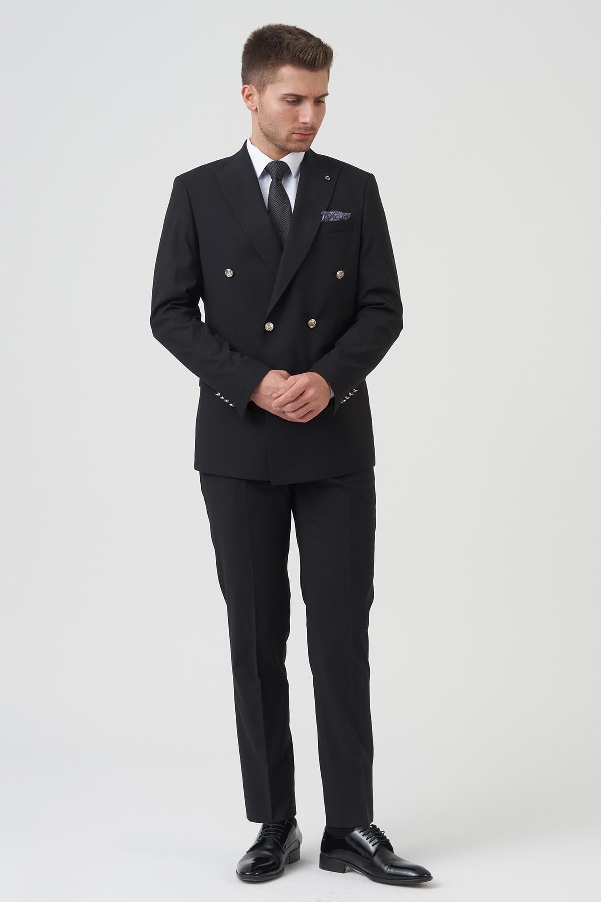 Siyah Slim Fit Kalıp Kruvaze Kapaklı Cepli Klasik Premium Takım Elbise