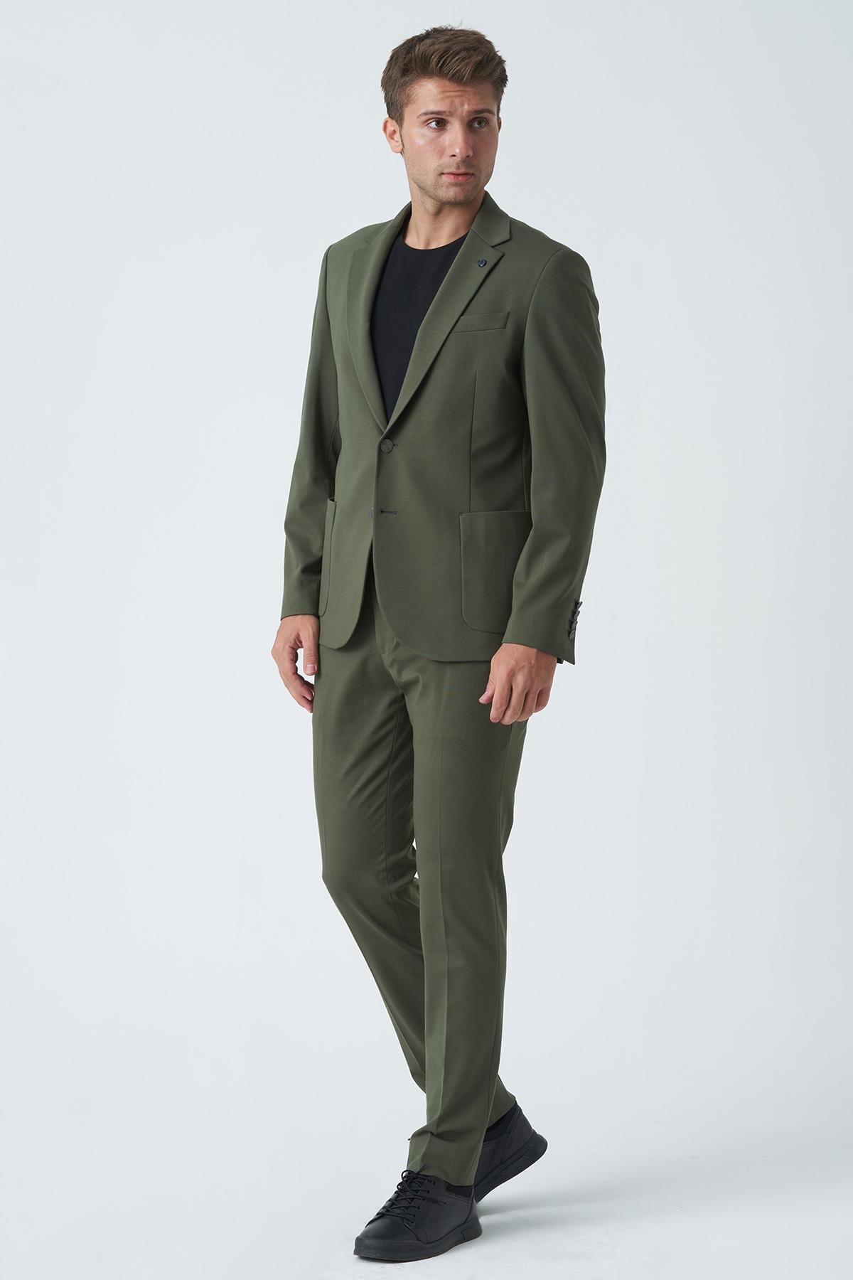 Haki Slim Fit Ceketli Jogger Pantolonlu Spor Kullanım Smart Street Takım Elbise