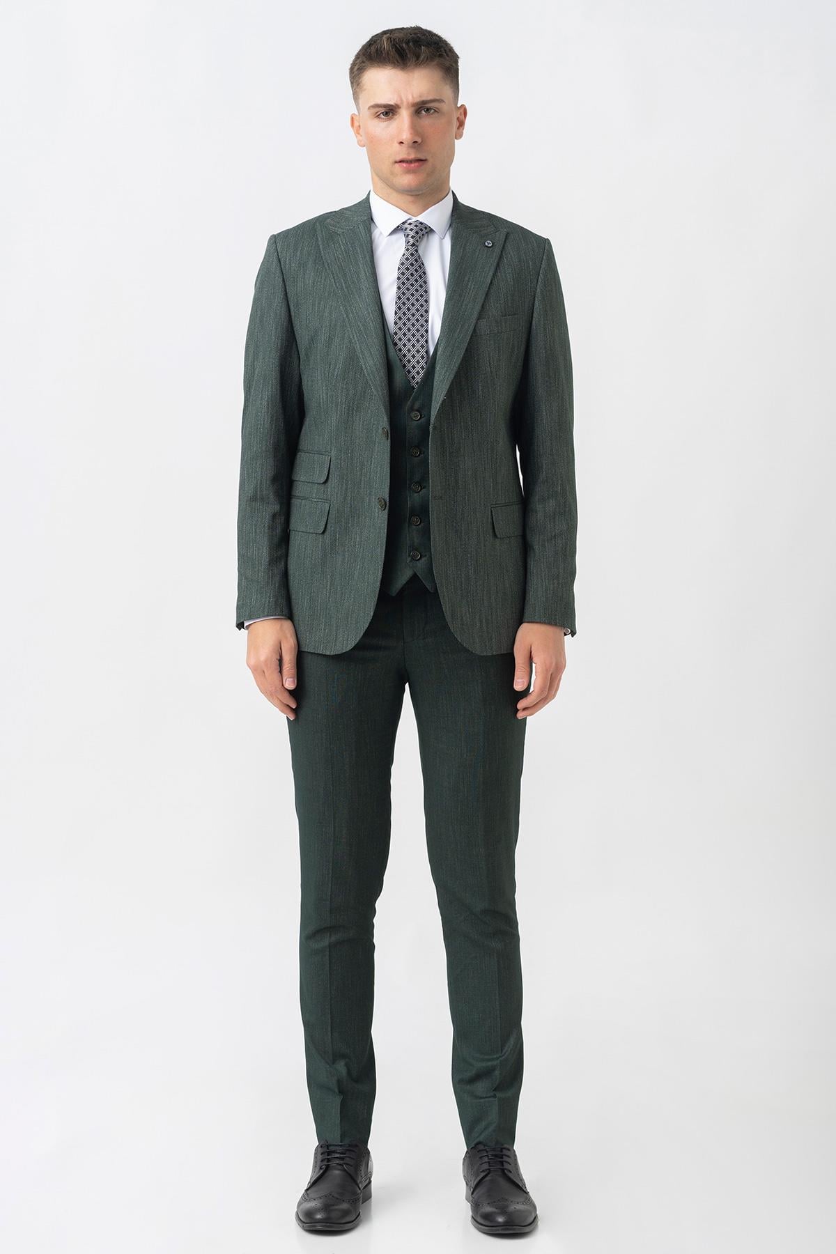 Yeşil Slim Fit Kalıp Yelekli Efektli Kumaş Kapaklı Çift Cep Detaylı Premium Takım Elbise