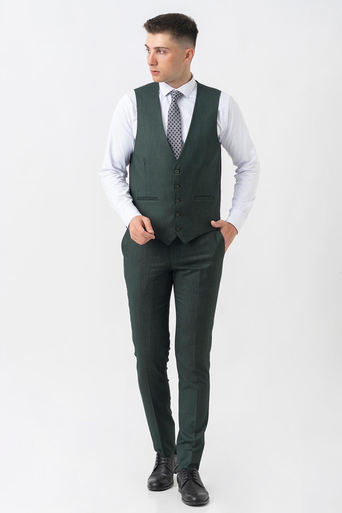 Yeşil Slim Fit Kalıp Yelekli Efektli Kumaş Kapaklı Çift Cep Detaylı Premium Takım Elbise