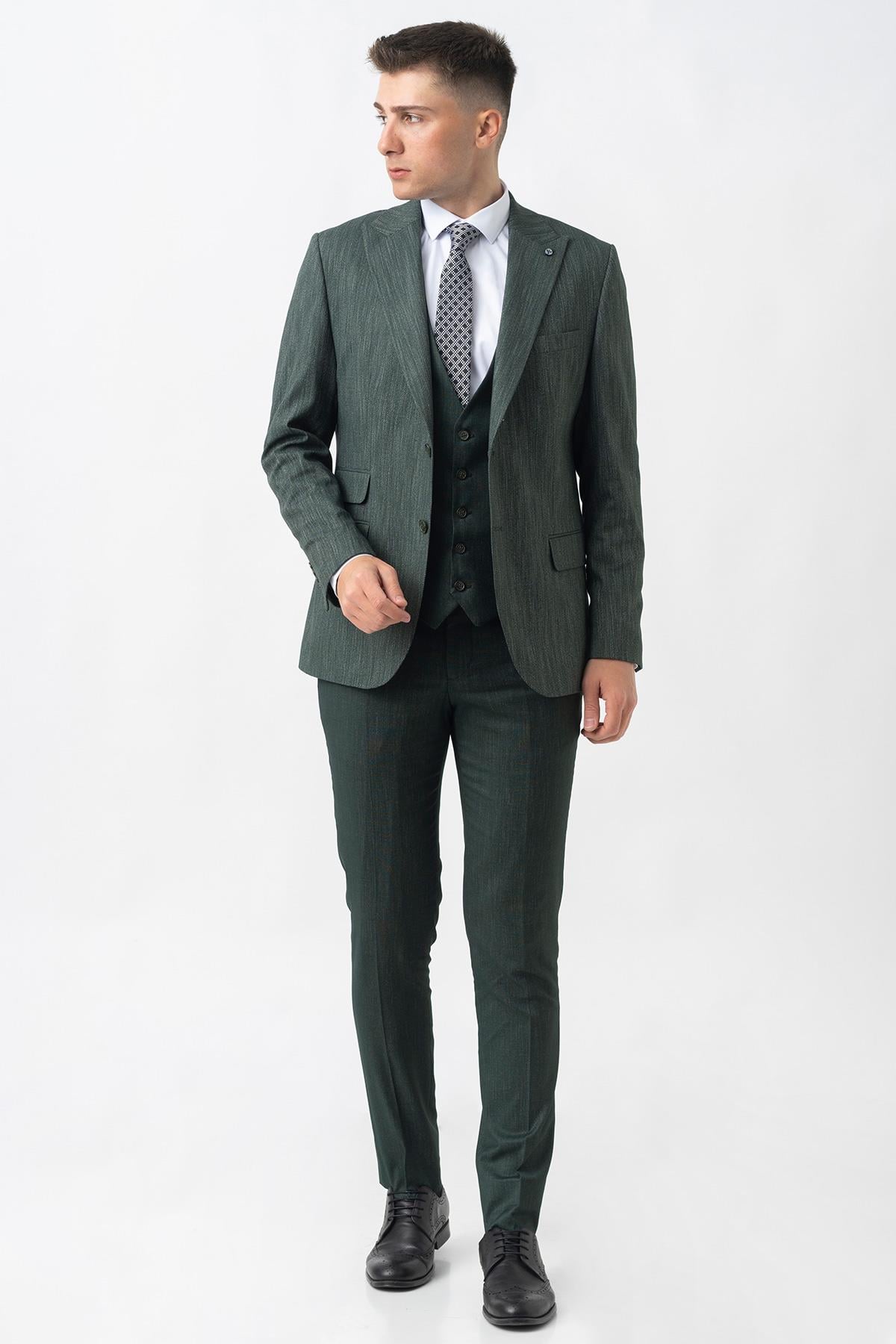 Yeşil Slim Fit Kalıp Yelekli Efektli Kumaş Kapaklı Çift Cep Detaylı Premium Takım Elbise