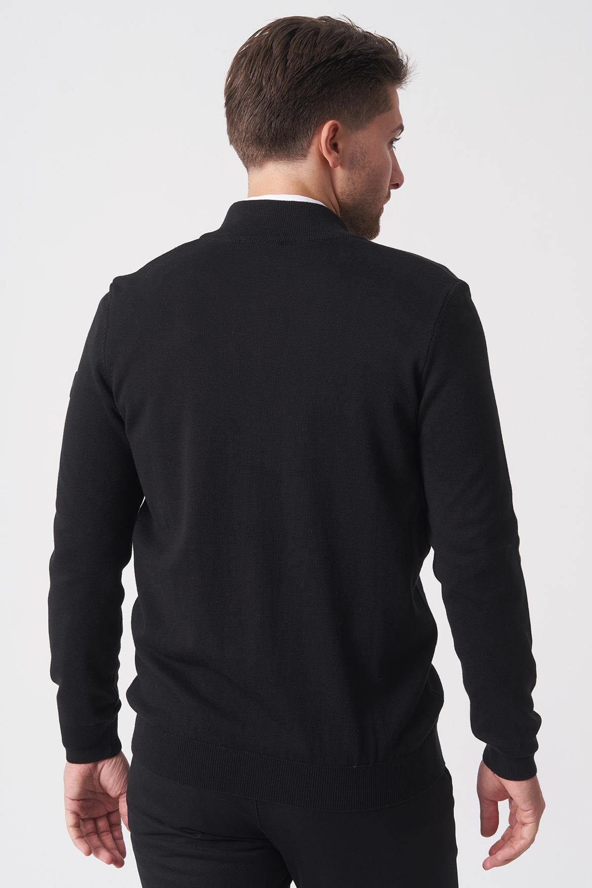 Siyah Slim Fit Dik Yaka Tam Fermuarlı Premium Triko Hırka