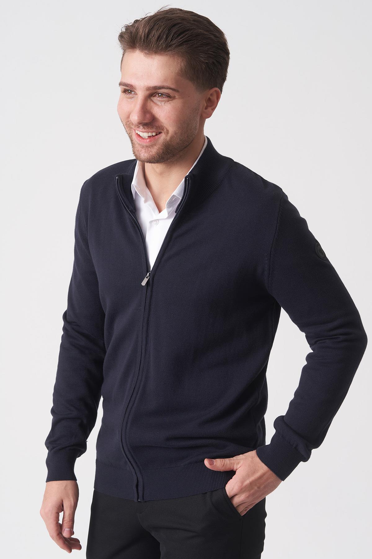 Lacivert Slim Fit Dik Yaka Tam Fermuarlı Premium Triko Hırka