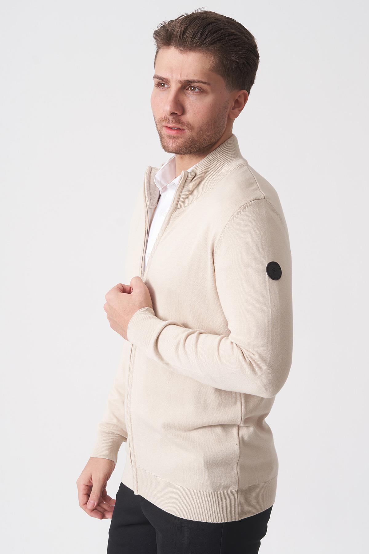 Bej Slim Fit Dik Yaka Tam Fermuarlı Premium Triko Hırka