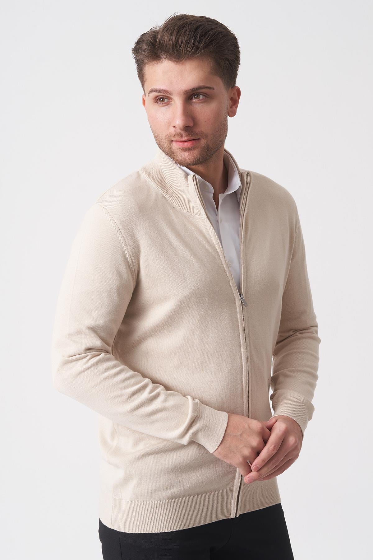 Bej Slim Fit Dik Yaka Tam Fermuarlı Premium Triko Hırka