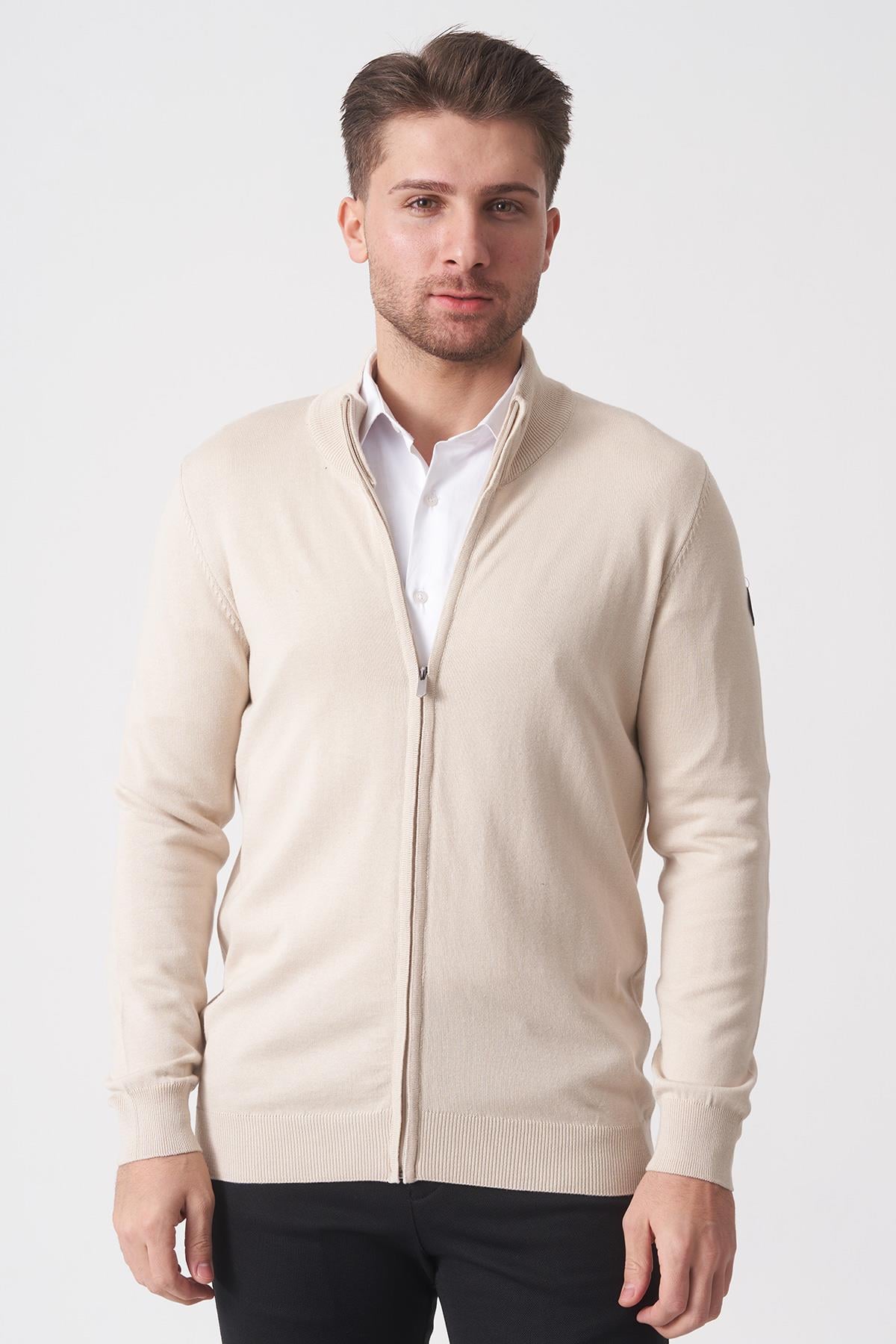 Bej Slim Fit Dik Yaka Tam Fermuarlı Premium Triko Hırka