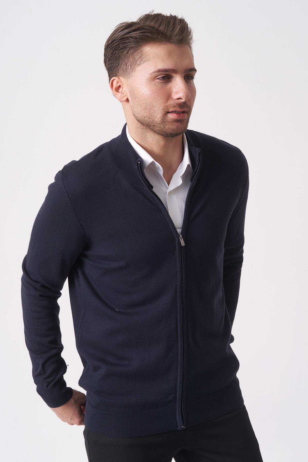 Lacivert Slim Fit Dik Yaka Tam Fermuarlı Premium Triko Hırka