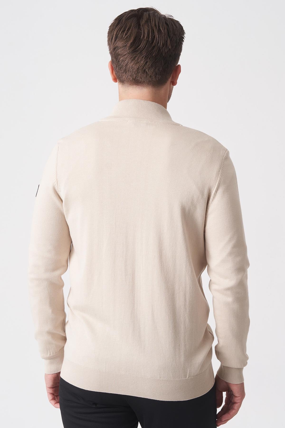 Bej Slim Fit Dik Yaka Tam Fermuarlı Premium Triko Hırka