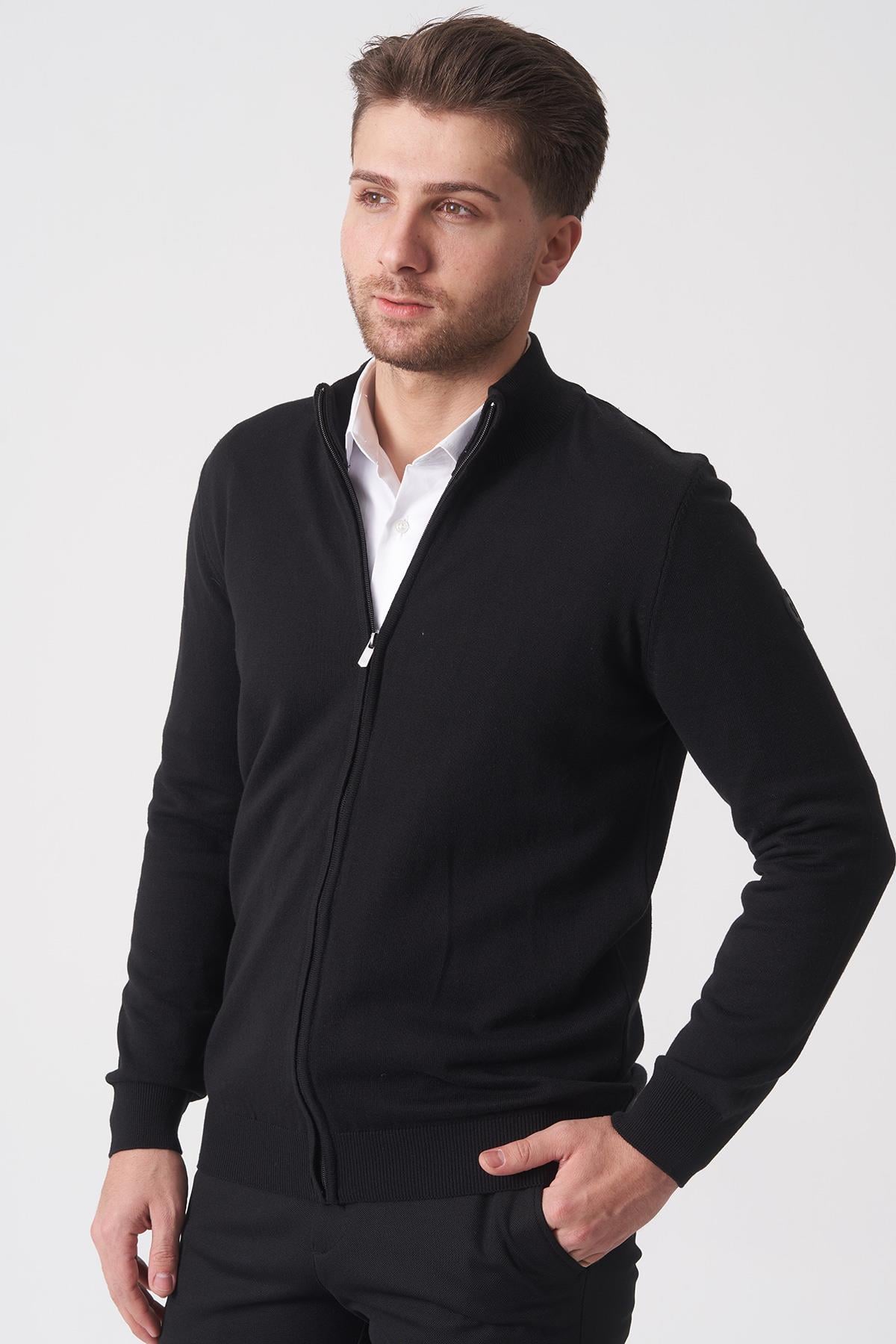 Siyah Slim Fit Dik Yaka Tam Fermuarlı Premium Triko Hırka