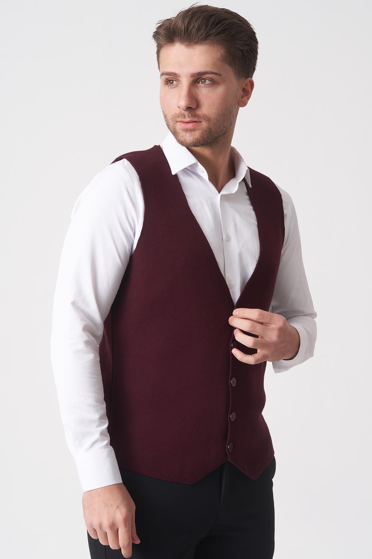 White Stone Campinas 202438 Slim Fit Pamuklu Yelek Triko Bordo