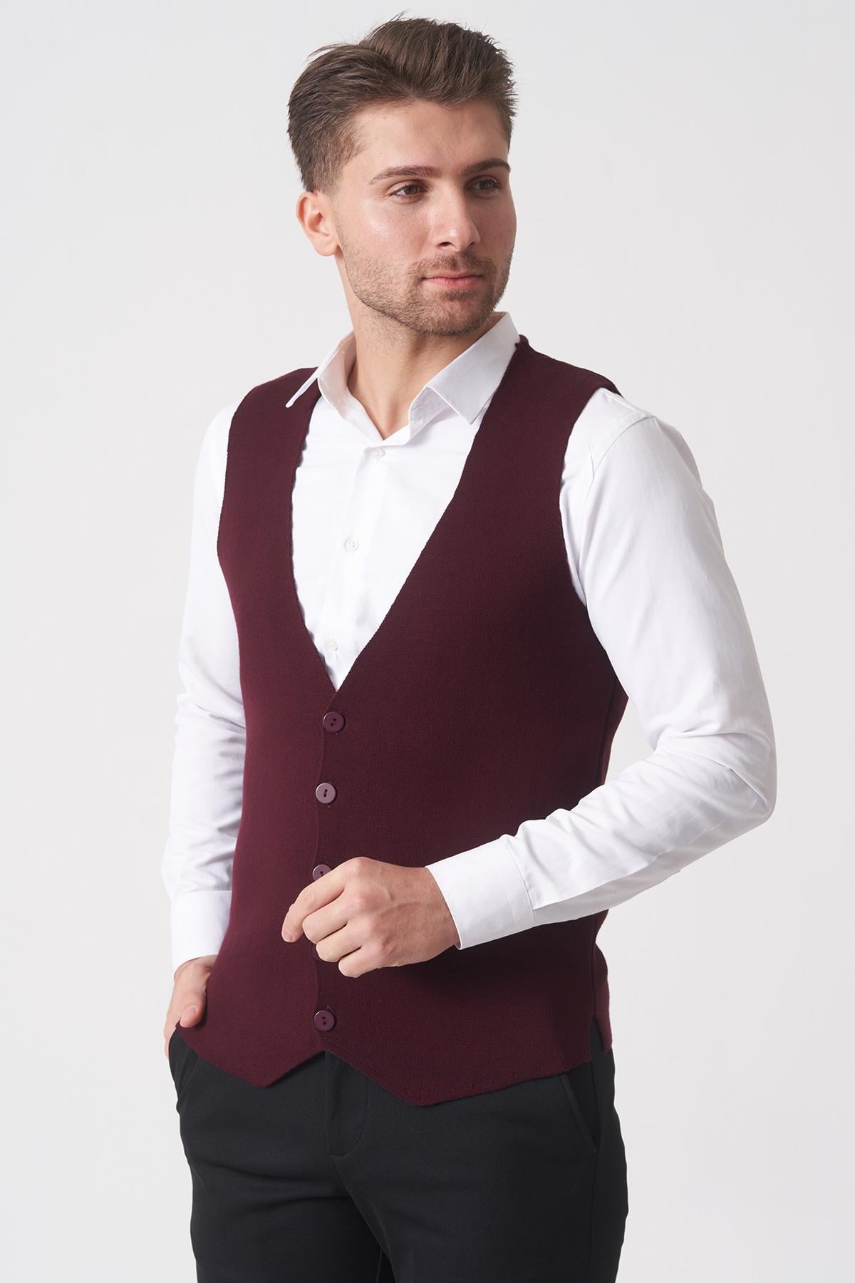 White Stone Campinas 202438 Slim Fit Pamuklu Yelek Triko Bordo