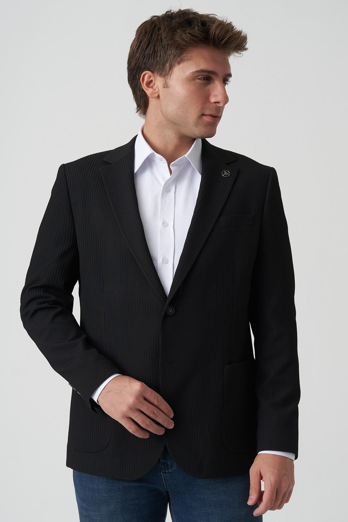 White Stone Alcobaça C4016 Slim Fit 6 Drop Ceket Siyah