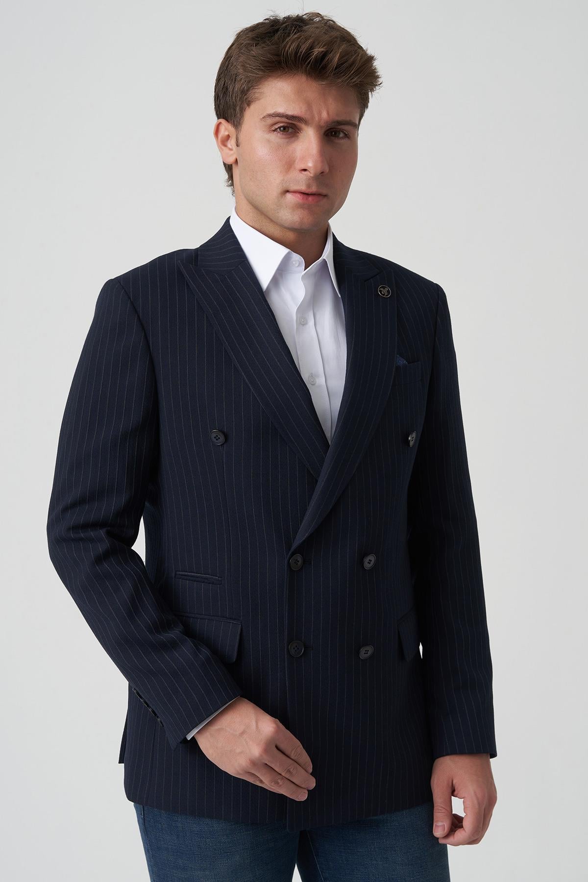 White Stone Amadora C4021 Slim Fit 6 Drop Kruvaze Ceket Desenli
