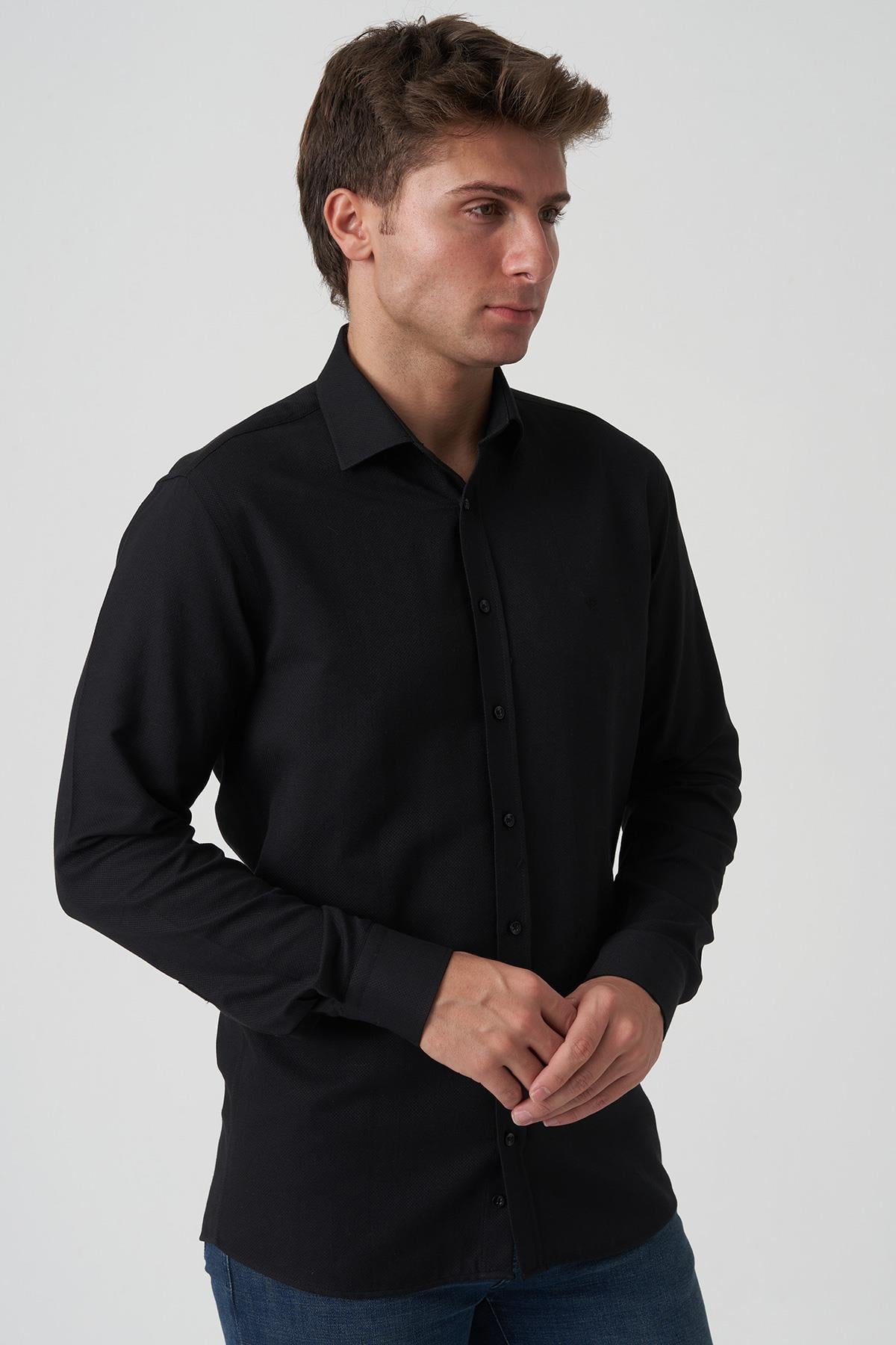 White Stone Caldas da Rainha G2518 Slim Fit Gömlek Desenli Siyah