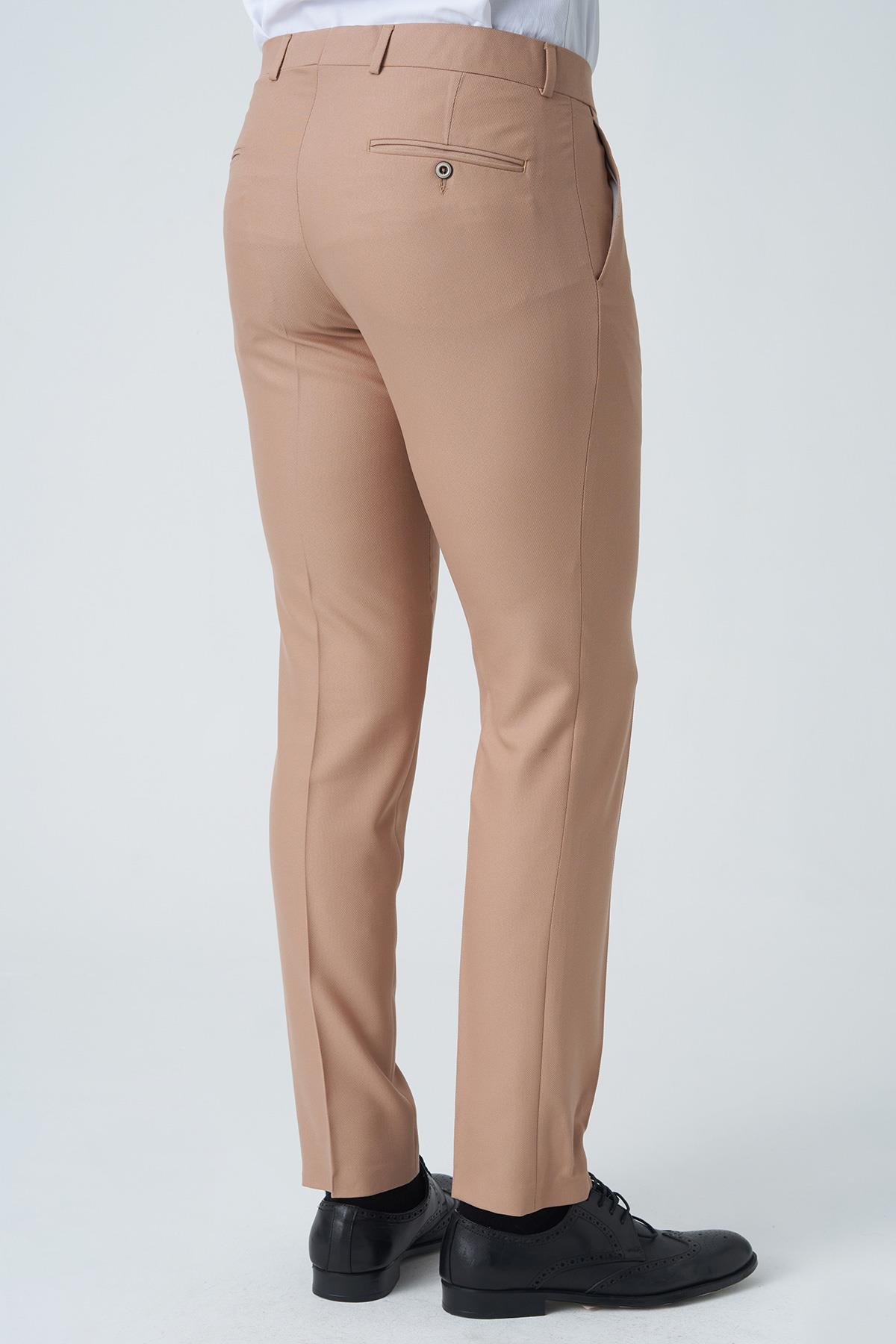 Bej Slim Fit Yan Cepli Fermuar Kapama Kumaş Pantolon