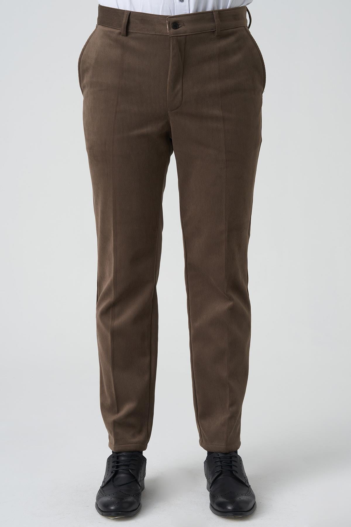 White Stone Amora P1031 Slim Fit Pamuklu Kadife Pantolon Toprak