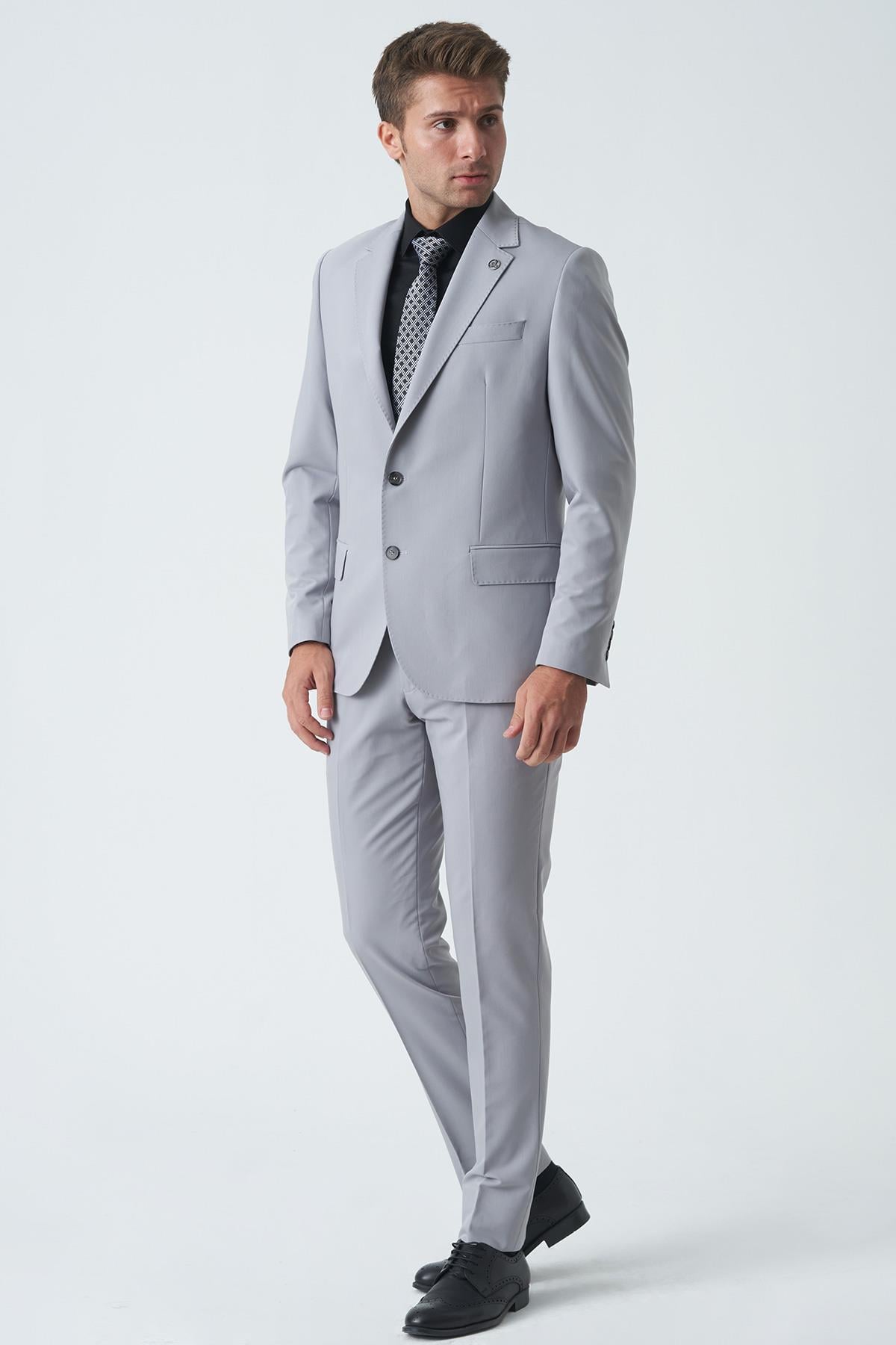 Açık Gri Slim Fit Kalıp Klasik Esnek Likralı Kapaklı Cepli Takım Elbise