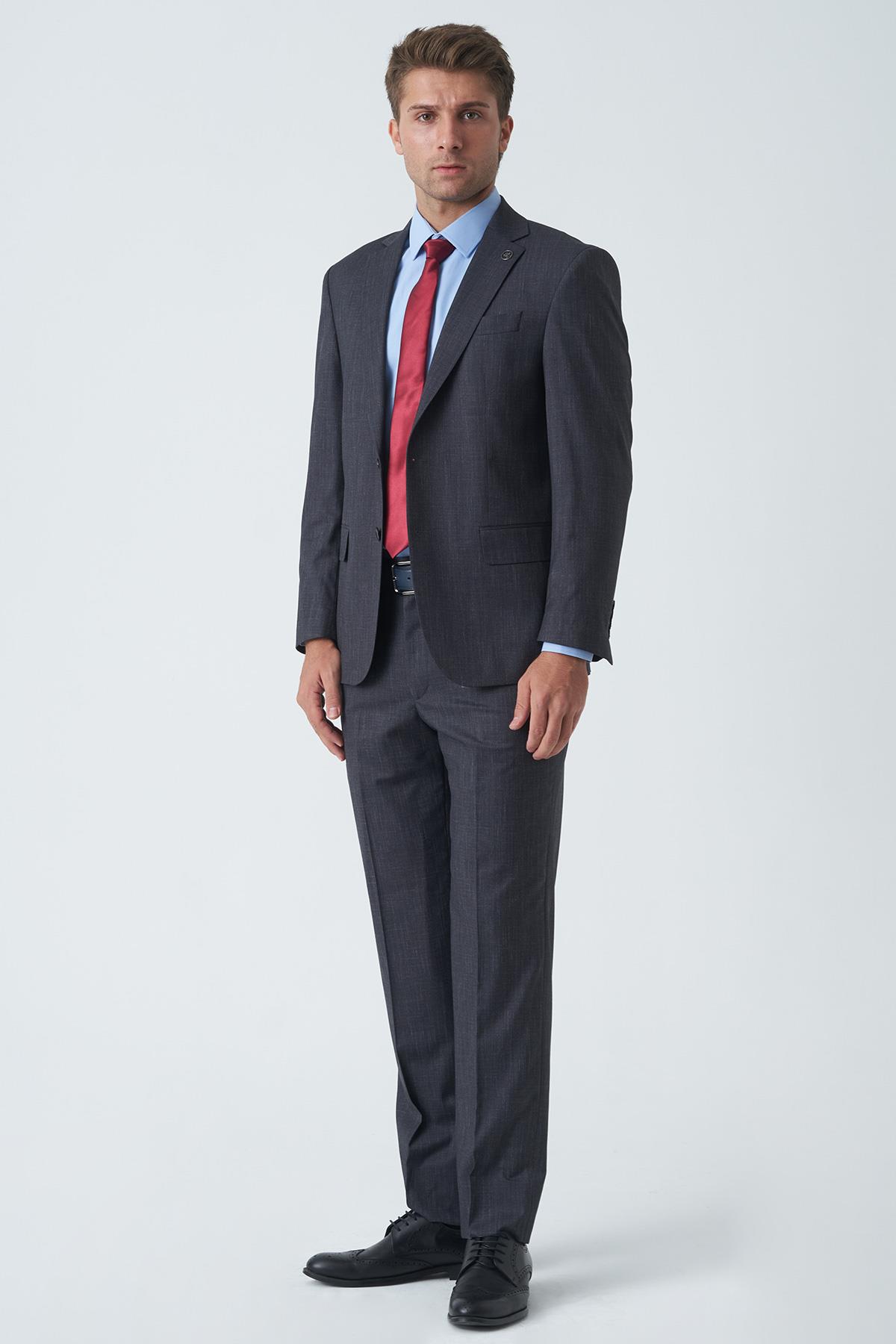 Antrasit Slim Fit Kalıp Efektli Kumaş Esnek Likralı Kapaklı Cepli Takım Elbise