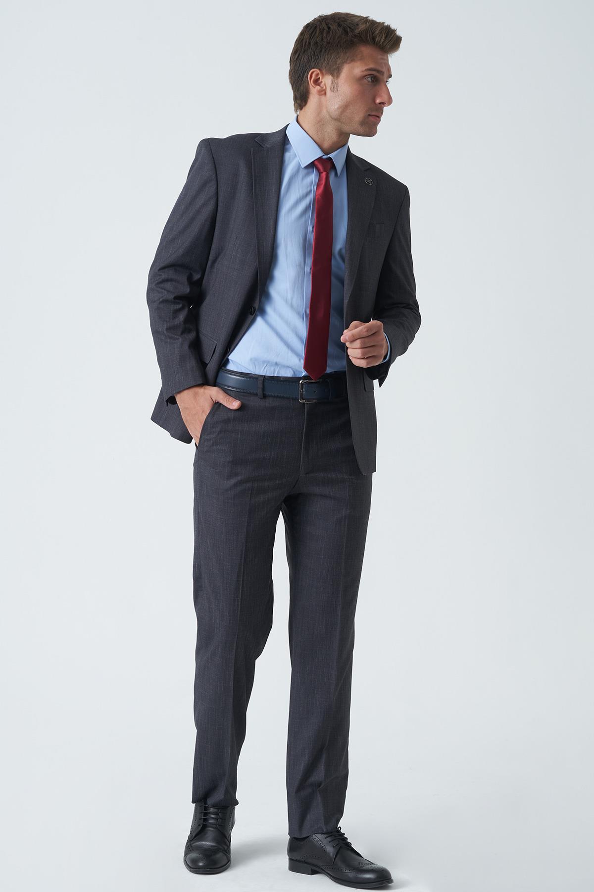 Antrasit Slim Fit Kalıp Efektli Kumaş Esnek Likralı Kapaklı Cepli Takım Elbise