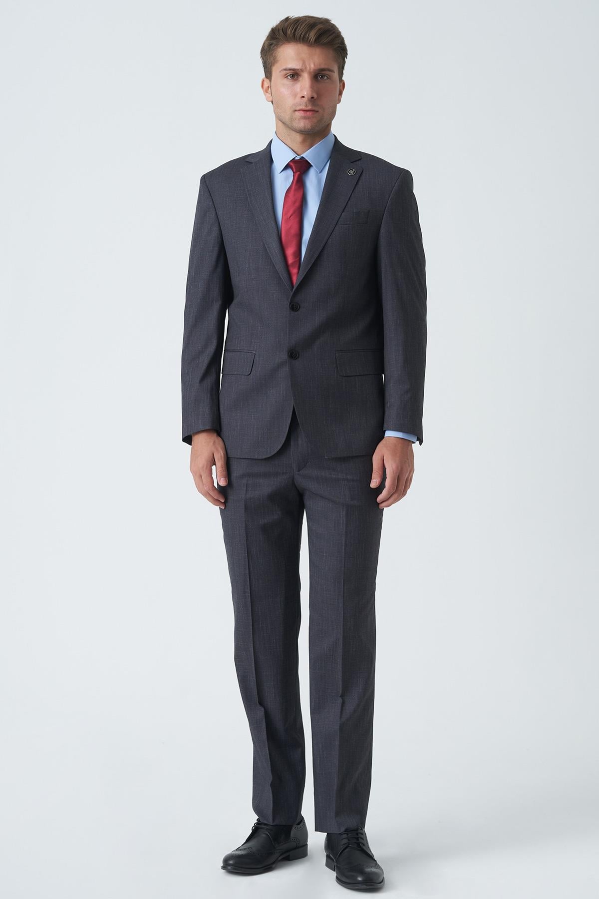 Antrasit Slim Fit Kalıp Efektli Kumaş Esnek Likralı Kapaklı Cepli Takım Elbise