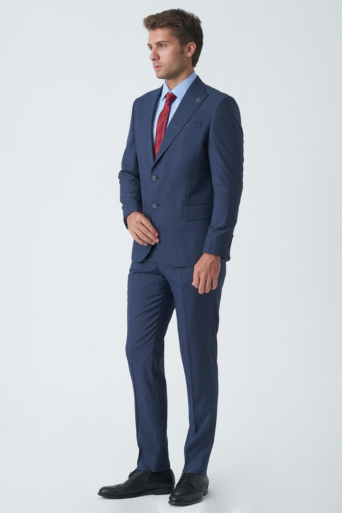 Mavi Slim Fit Kalıp Esnek Likralı Kapaklı Cepli Takım Elbise