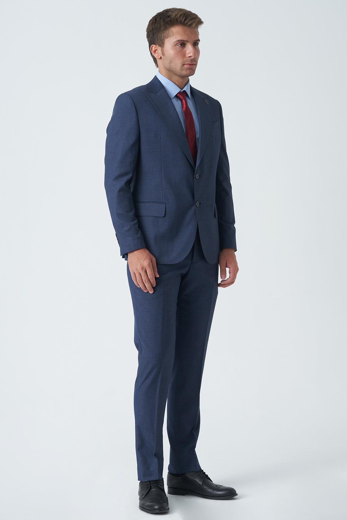 Mavi Slim Fit Kalıp Esnek Likralı Kapaklı Cepli Takım Elbise