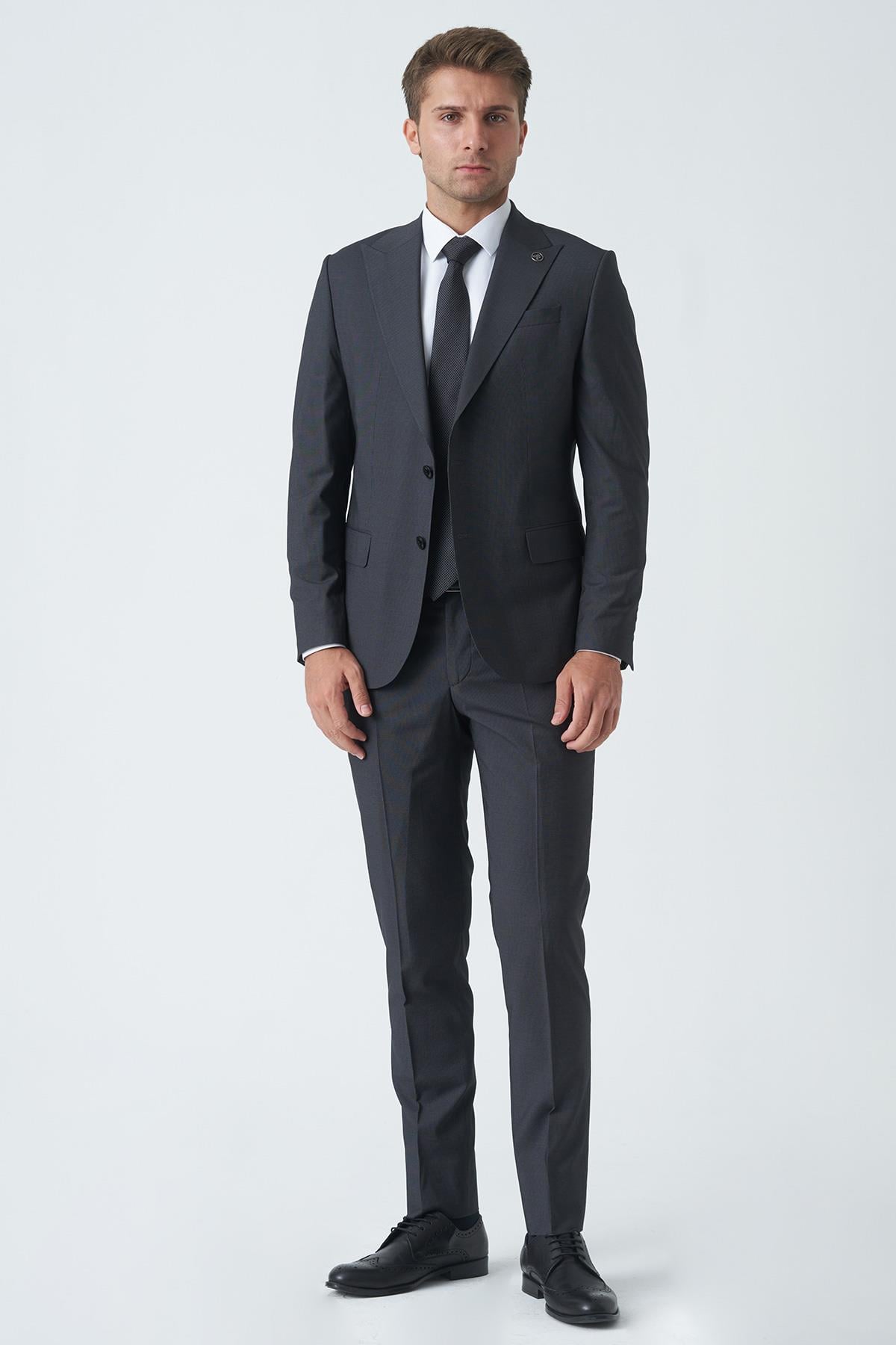Antrasit Slim Fit Kalıp Esnek Likralı Kapaklı Cepli Takım Elbise