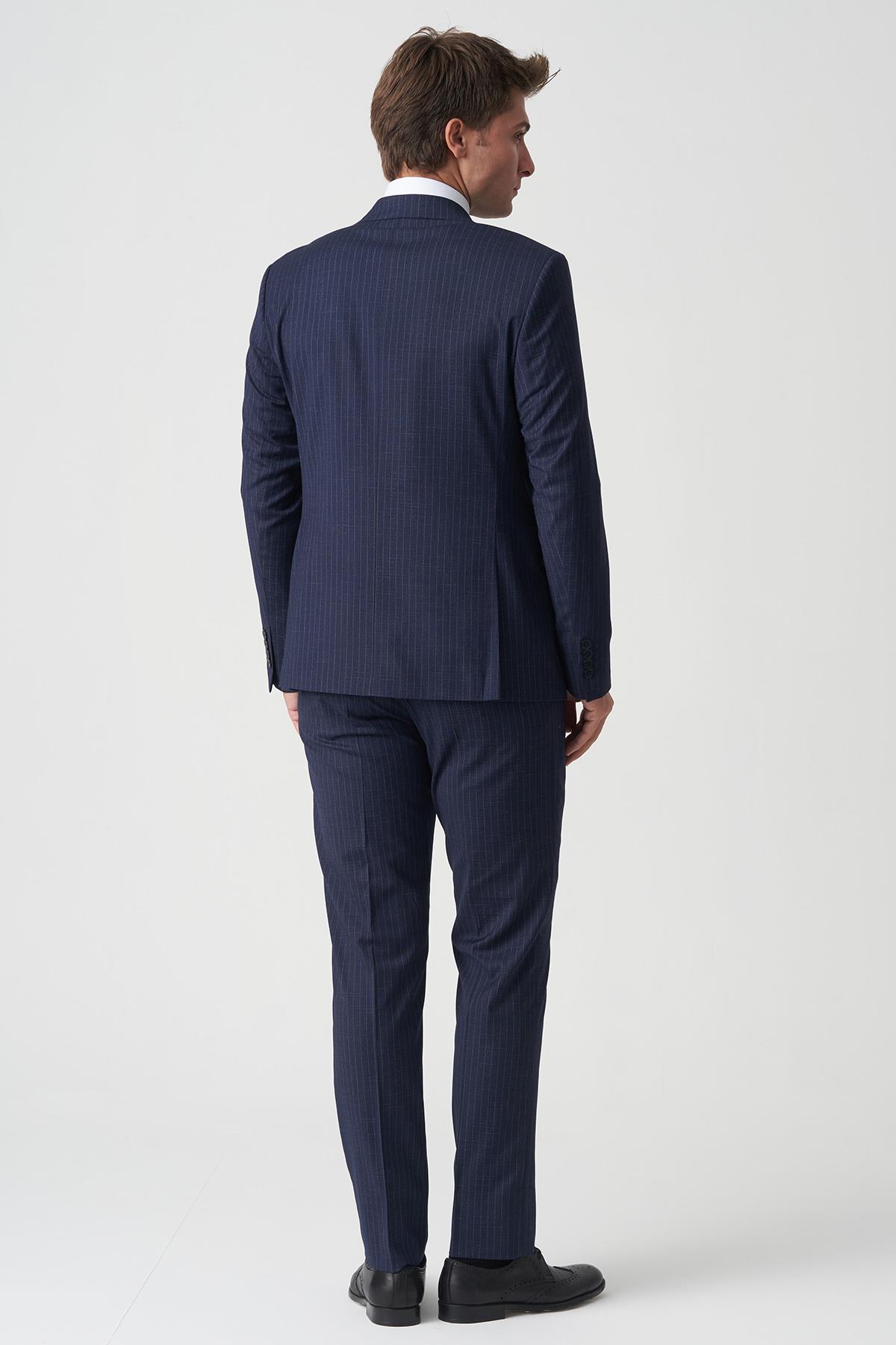 Koyu Lacivert Beyaz İnce Çizgili Slim Fit Kalıp Kruvaze Premium Takım Elbise
