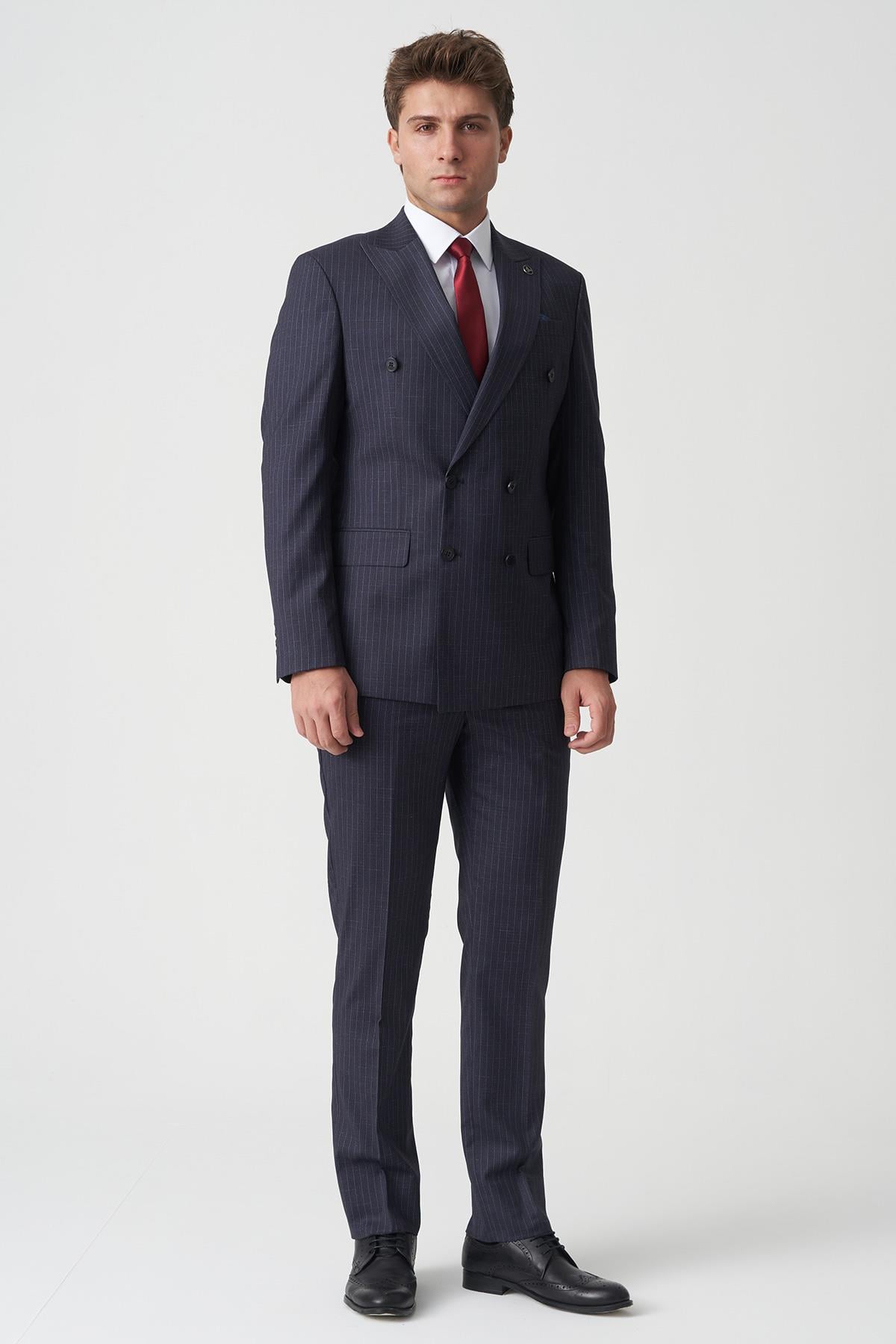 Lacivert Beyaz İnce Çizgili Slim Fit Kalıp Kruvaze Premium Takım Elbise