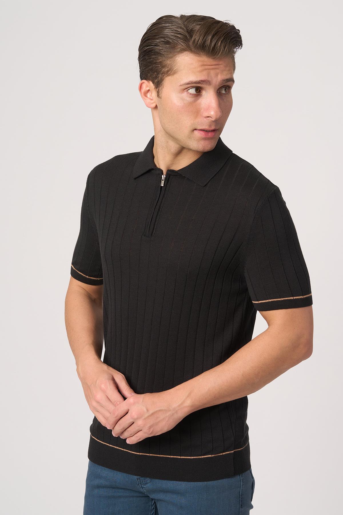 WHİTE STONE  2025-Y  25055  POLA YAKA FERMUARLI TSHIRT    SİYAH