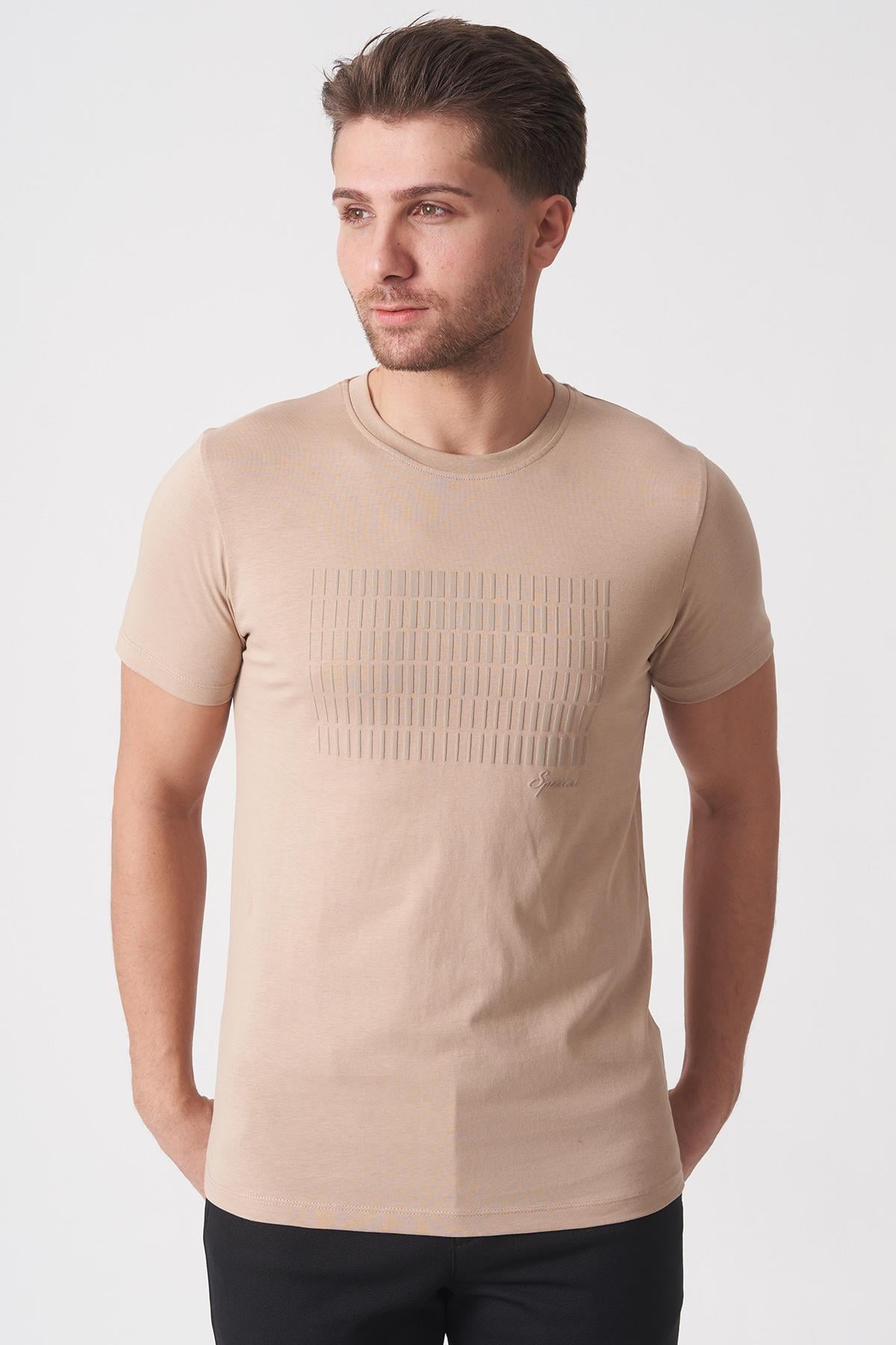 White Stone Rio de Janeiro 3087 Slim Fit Bisiklet Yaka Pamuklu Likralı T-Shirt  Bej