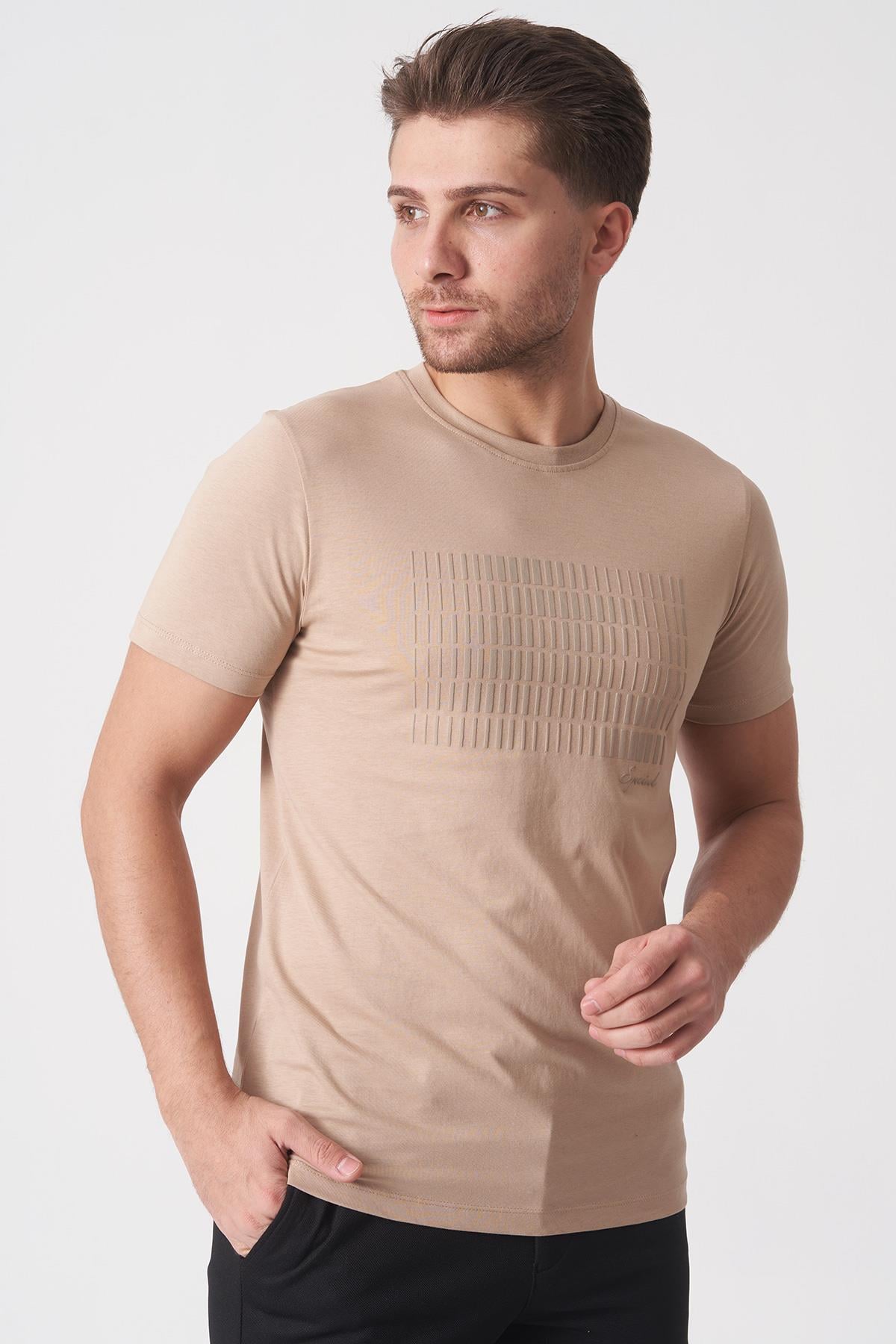 White Stone Rio de Janeiro 3087 Slim Fit Bisiklet Yaka Pamuklu Likralı T-Shirt  Bej