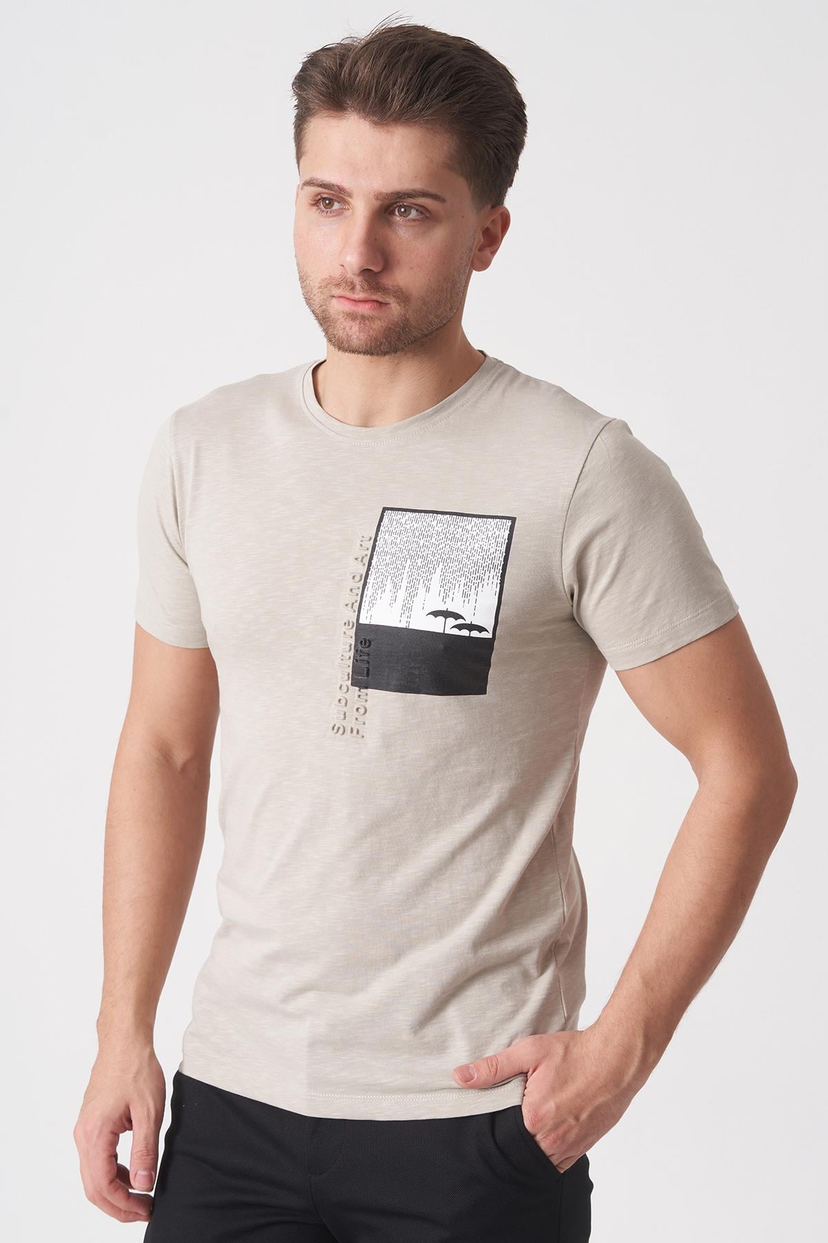 White Stone Brasília 3148 Slim Fit Pamuklu Likralı Bisiklet Yaka T-Shirt  Bej