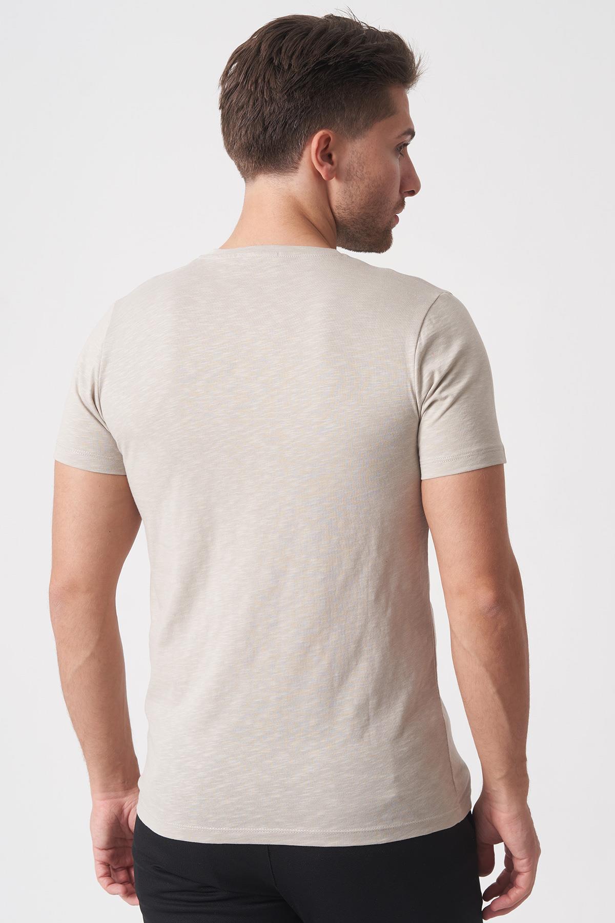 White Stone Brasília 3148 Slim Fit Pamuklu Likralı Bisiklet Yaka T-Shirt  Bej