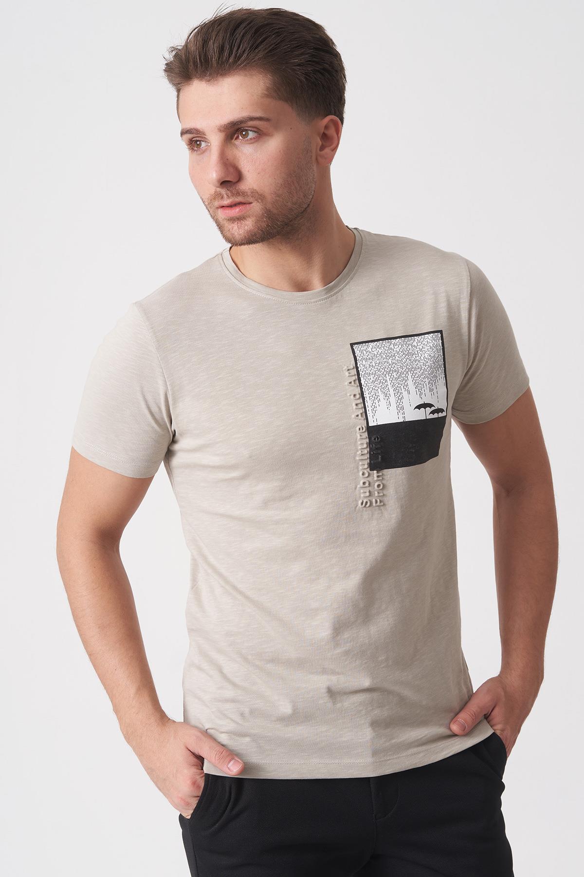White Stone Brasília 3148 Slim Fit Pamuklu Likralı Bisiklet Yaka T-Shirt  Bej