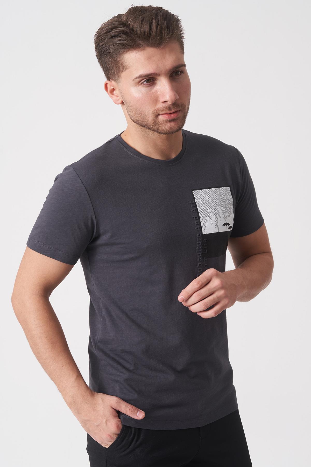White Stone Brasília 3148 Slim Fit Pamuklu Likralı Bisiklet Yaka T-Shirt  Füme