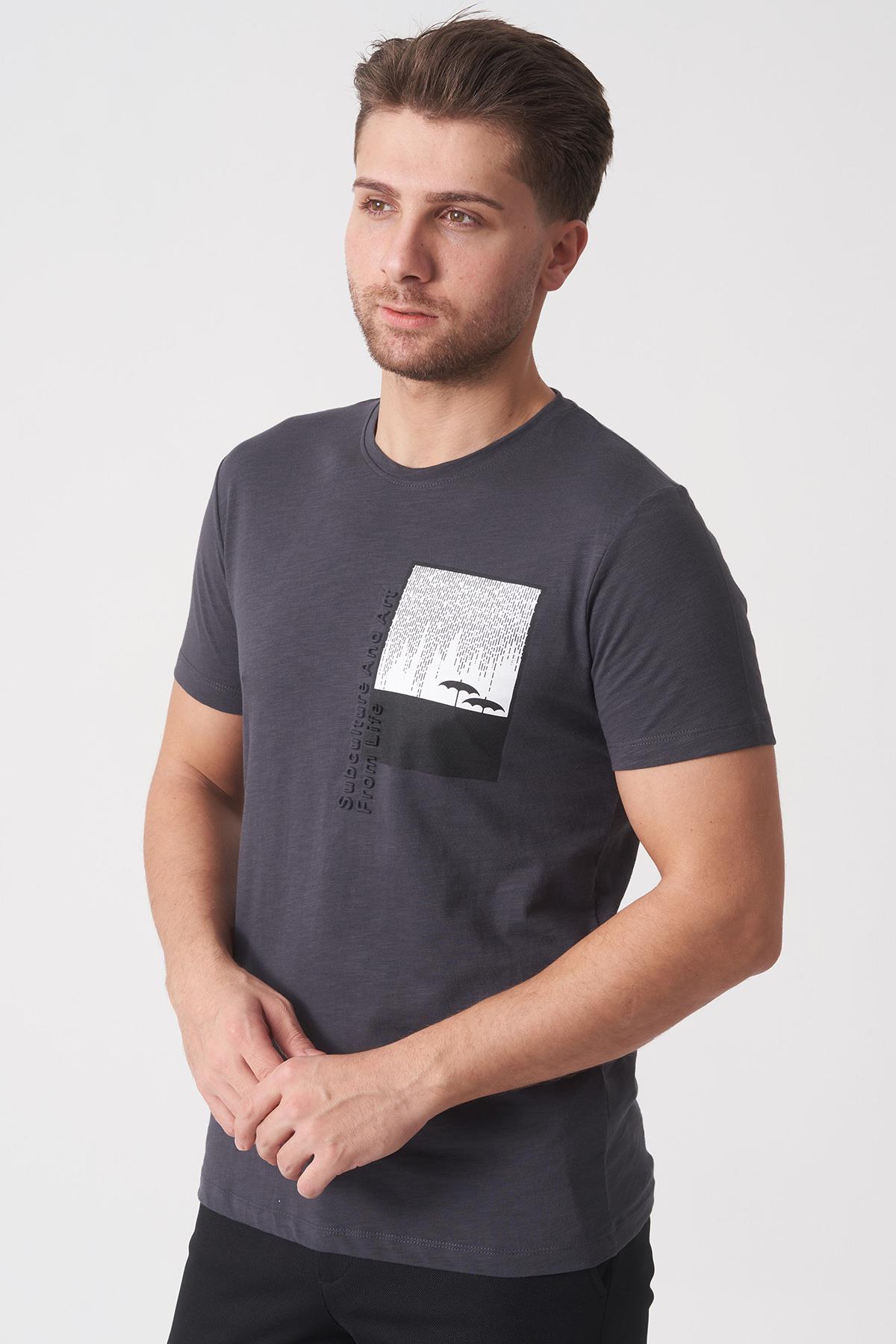 White Stone Brasília 3148 Slim Fit Pamuklu Likralı Bisiklet Yaka T-Shirt  Füme