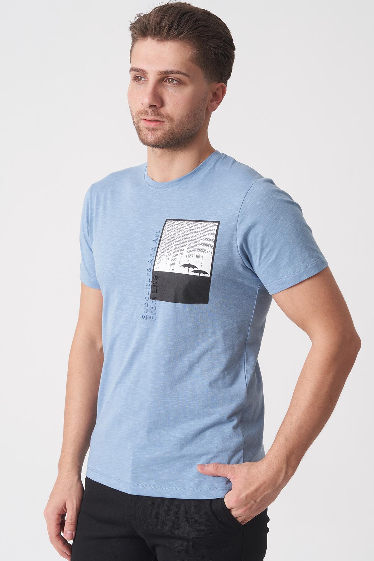 White Stone Brasília 3148 Slim Fit Pamuklu Likralı Bisiklet Yaka T-Shirt  Mavi
