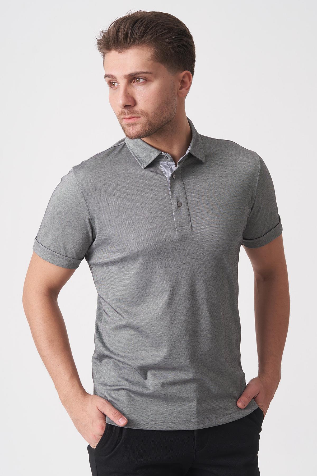 White Stone Fortaleza 3153 Slim Fit Pamuklu Polo Yaka T-Shirt  Siyah Gri
